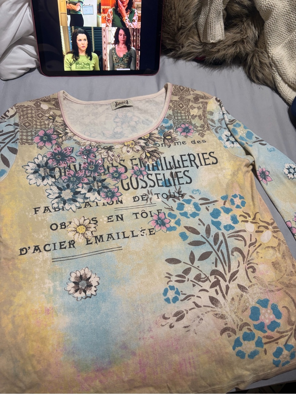 Boho Floral Print Long-Sleeve Tee - Pastel Multi